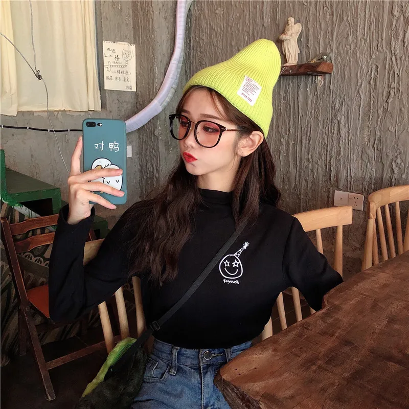 

Autumn Winter Half Turtleneck Women Long Sleeve T-shirt Creative Embroidery High Street Female Slim Fit Sexy Bottoming Shirt