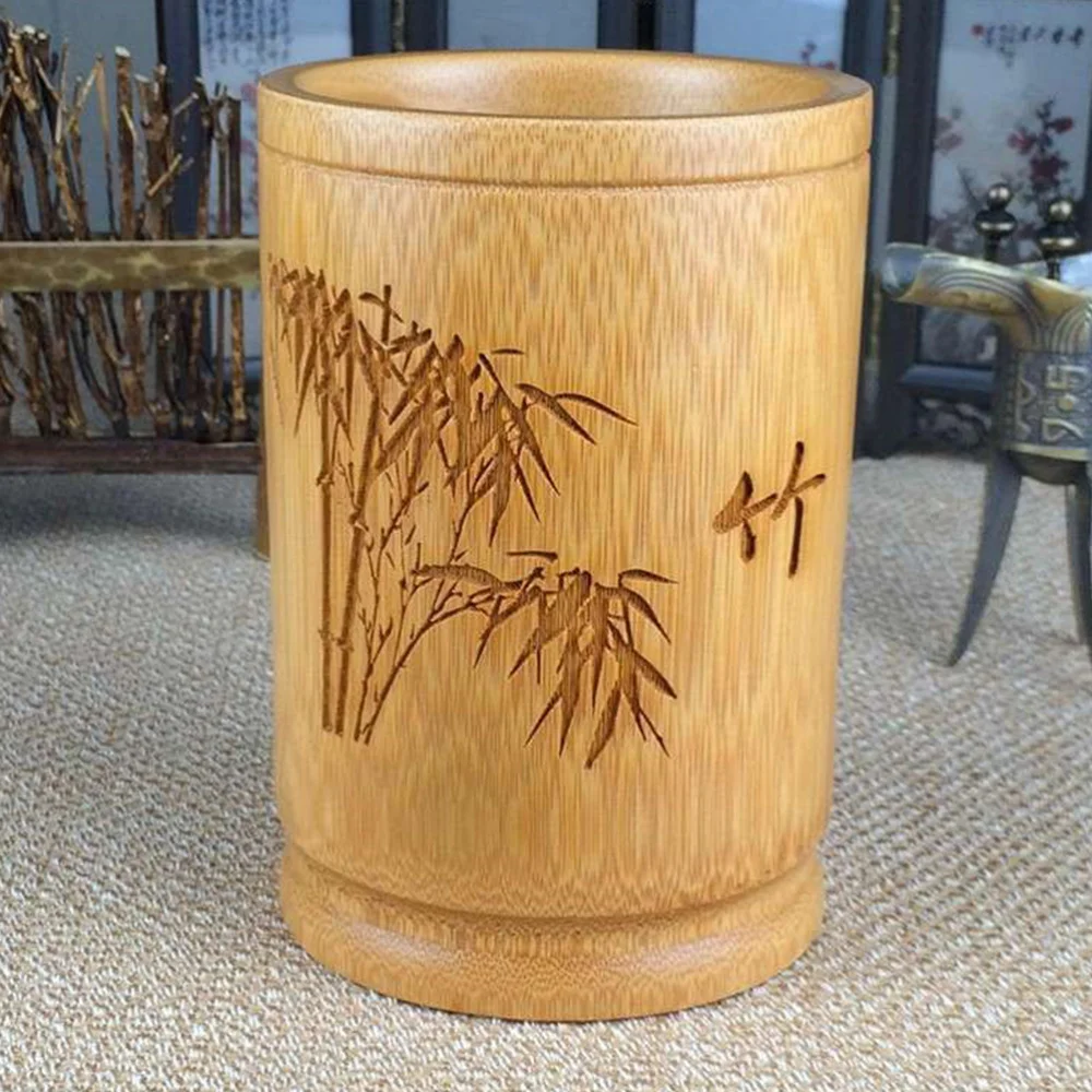 

1Pc Bamboo Carving Pen Holder Desktop Stationery Cup Pen Organizer Container