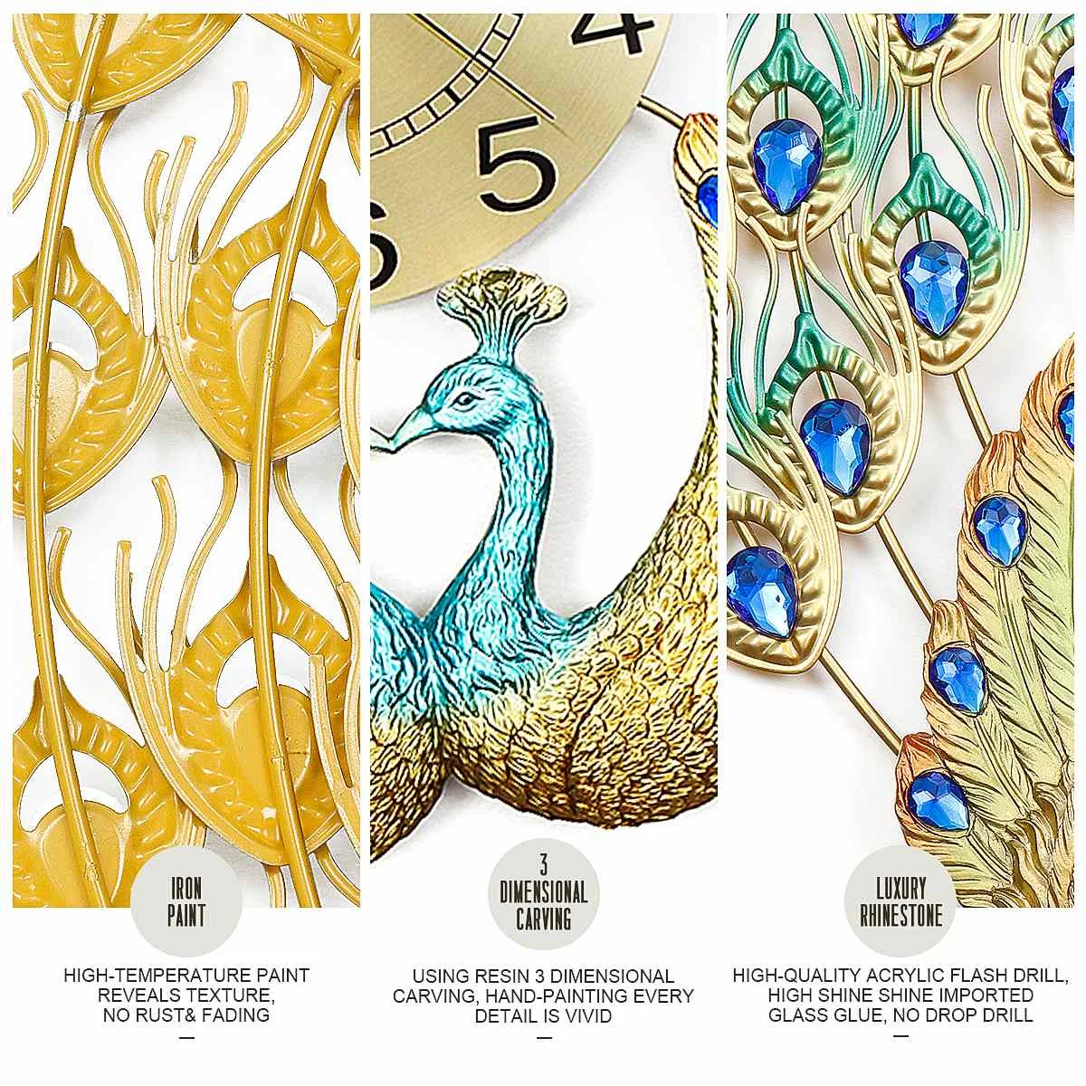 

3D Diamond Crystal Quartz Peacock Wall Clocks 60x60cm European Modern Home Living Room Decor Silent Wall Clock Fast shipping