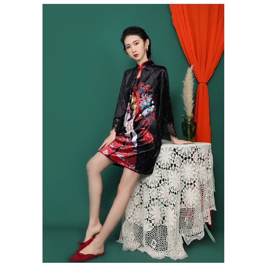

2020 New Spring and Summer Spot Real Shot New Improved Cheongsam Velvet Retro Dress Cheongsam Dress Qipao