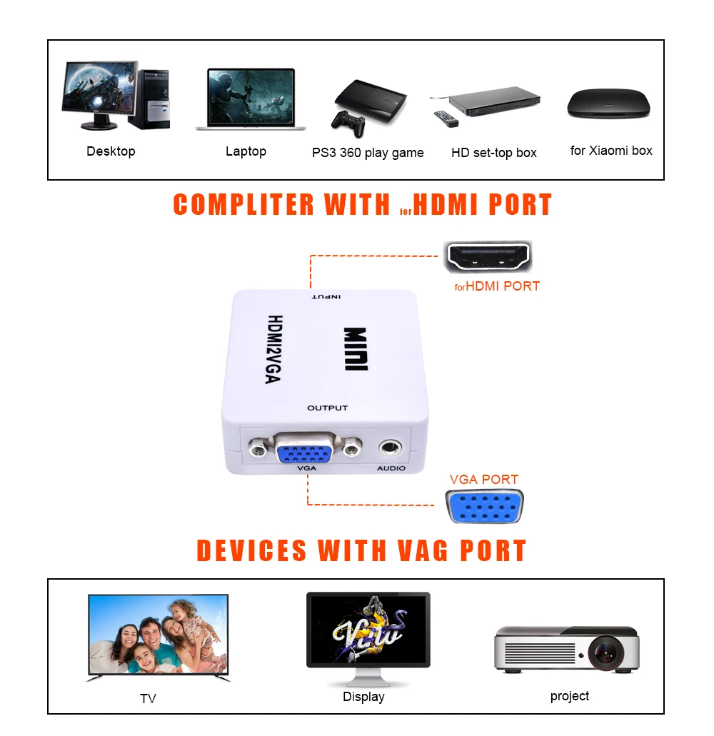 MINI HDMI в VGA конвертер оригинальный HD 1080P с 3 5 мм адаптером для видеобокса Xbox360 ПК DVD PS3