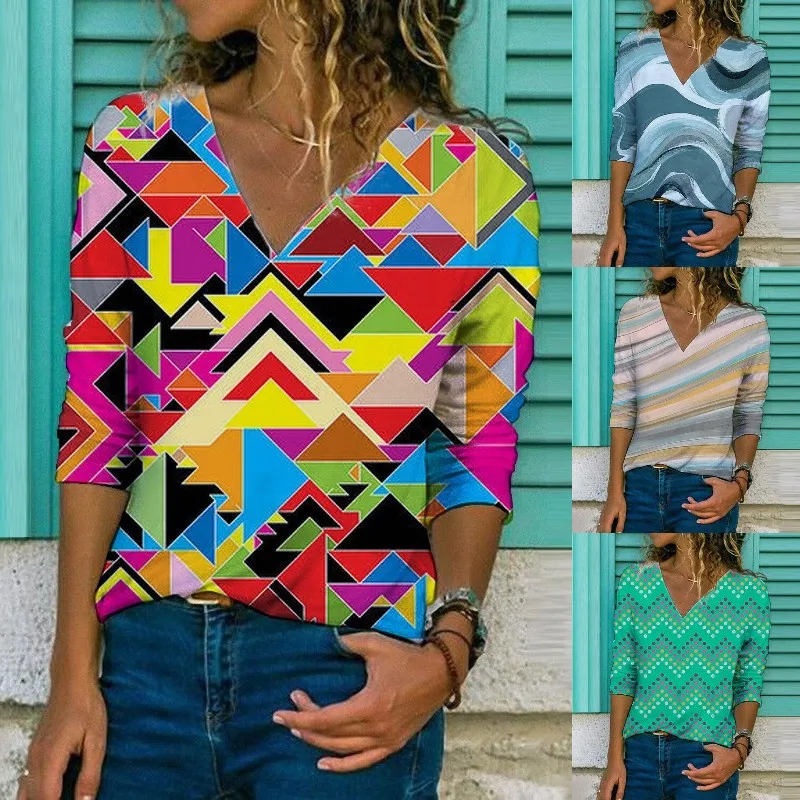 

Футболка женская оверсайз с геометрическим принтом, винтажный топ свободного покроя в стиле Харадзюку, модная Повседневная рубашка с длинн...