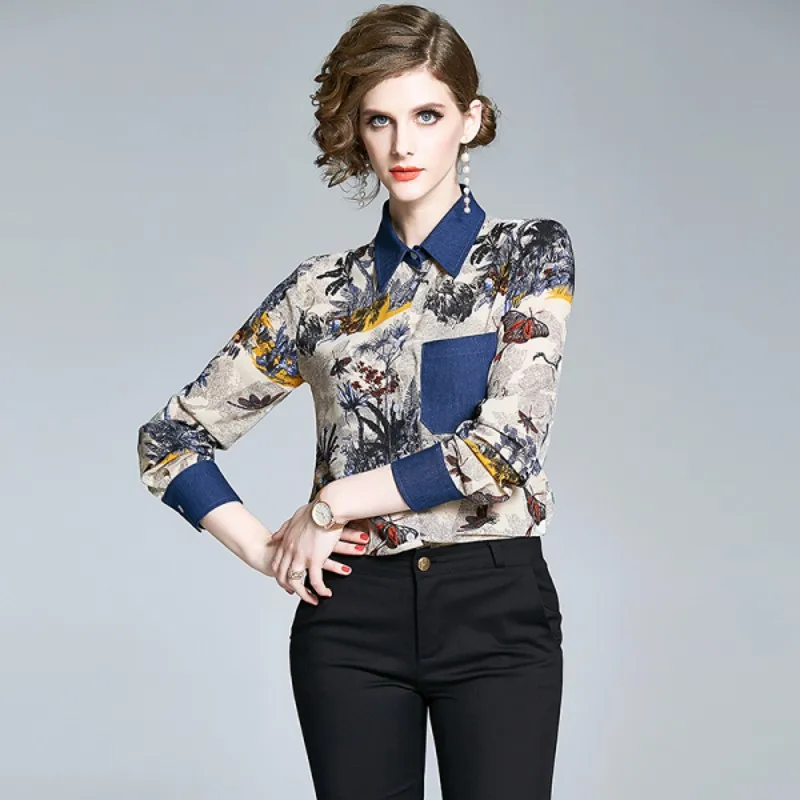 

2021 New Fashion Casual Retro Printed Shirt Women Reject Collar Office Pocket Top Women Long Sleeve Graphic Print Top