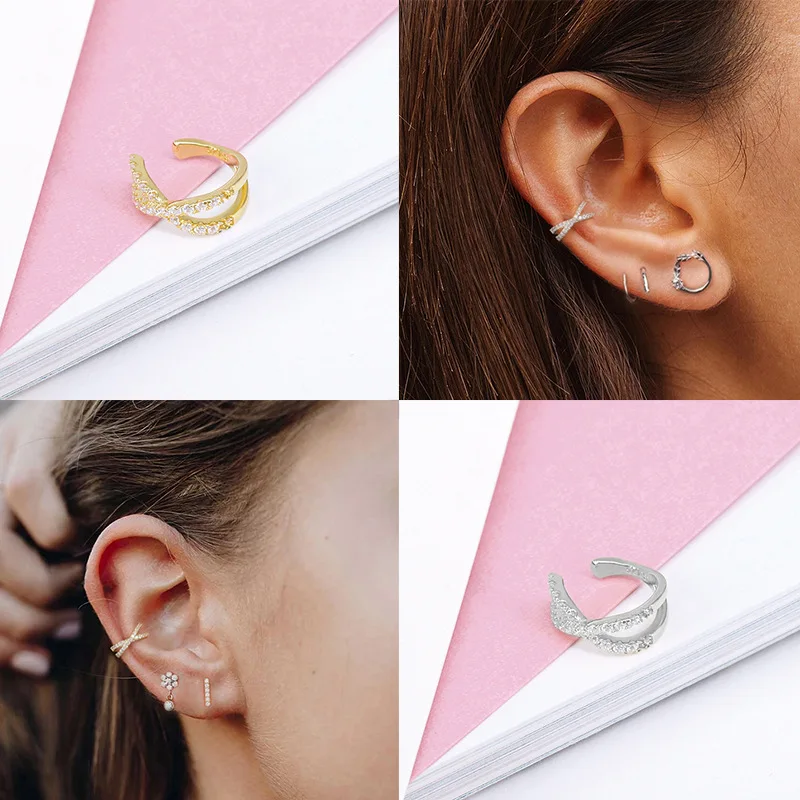 

100% 925 Sterling Silver Ear Cuff For Women Gold Color Shiny Zircon Cross Clip On Earrings Earcuff No Piercing Earrings Jewelry