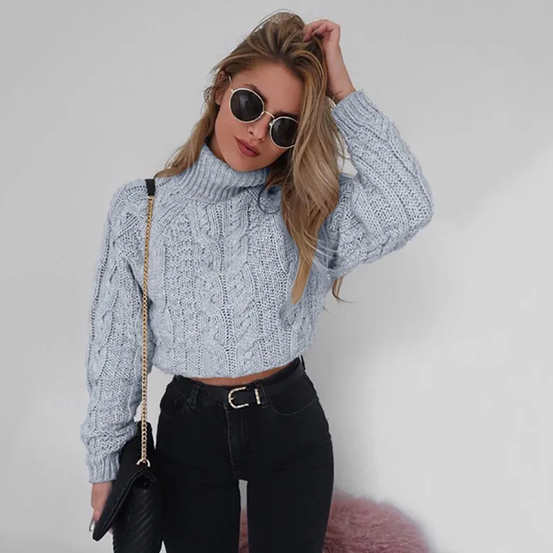 

Women Turtleneck Sweaters Sexy Navel Bare Cropped Tops Autumn Winter Ribbed Lady Knitted Pullovers Short Solid Sweaters