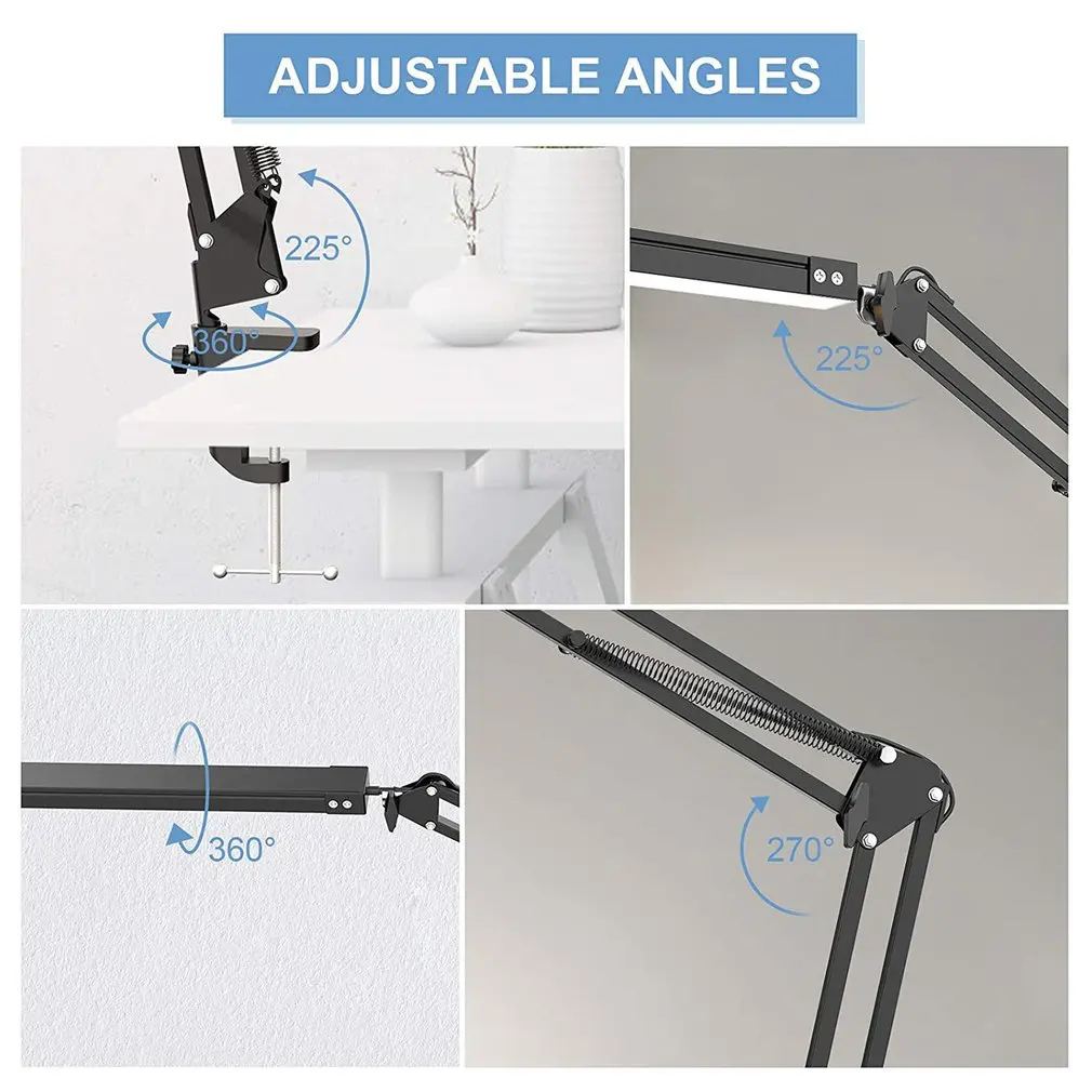New LED Folding Metal Desk Lamp Clip on Light Clamp Long Arm Dimming Table 3 Colors For Living Room Reading Office Computer | Освещение