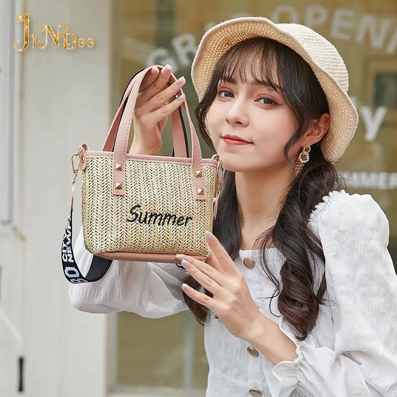 Straw Women Crossbody Bag Vintage Rivent Bucket Handbag For Women Summer Beach Shoulder Pack Bohemia Lady Wide Strap Purse Femme