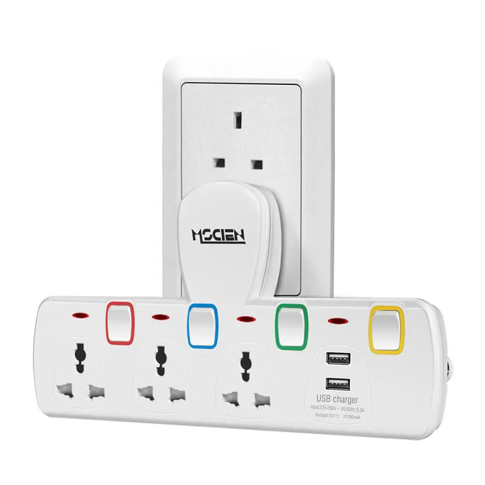 

Mscien 3 Way Plug Extension with 2 USB Multiplug Wall Socket Extension with Individually Switches and Neon Indicators 13Amp Exte