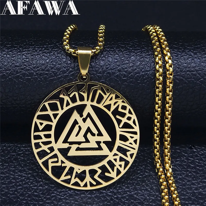 

Stainless Steel Ancient Viking Valknut Norse Odin Rune Amulet Long Necklace Men Round Jewelry Accessories collier homme N3083S02