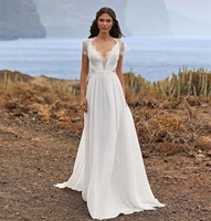 elegant chiffon pleated boho wedding dress for women 2022 lace back cap sleeve bridal gown robe de mari%c3%a9e bohemian beach