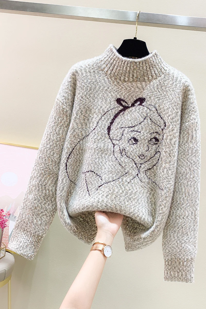 

Mink Cashmere Turtleneck Pullover Sweater Women's 2020 Autumn Winter New Loose Sweater Students Girls Cute Cartoon Sweater