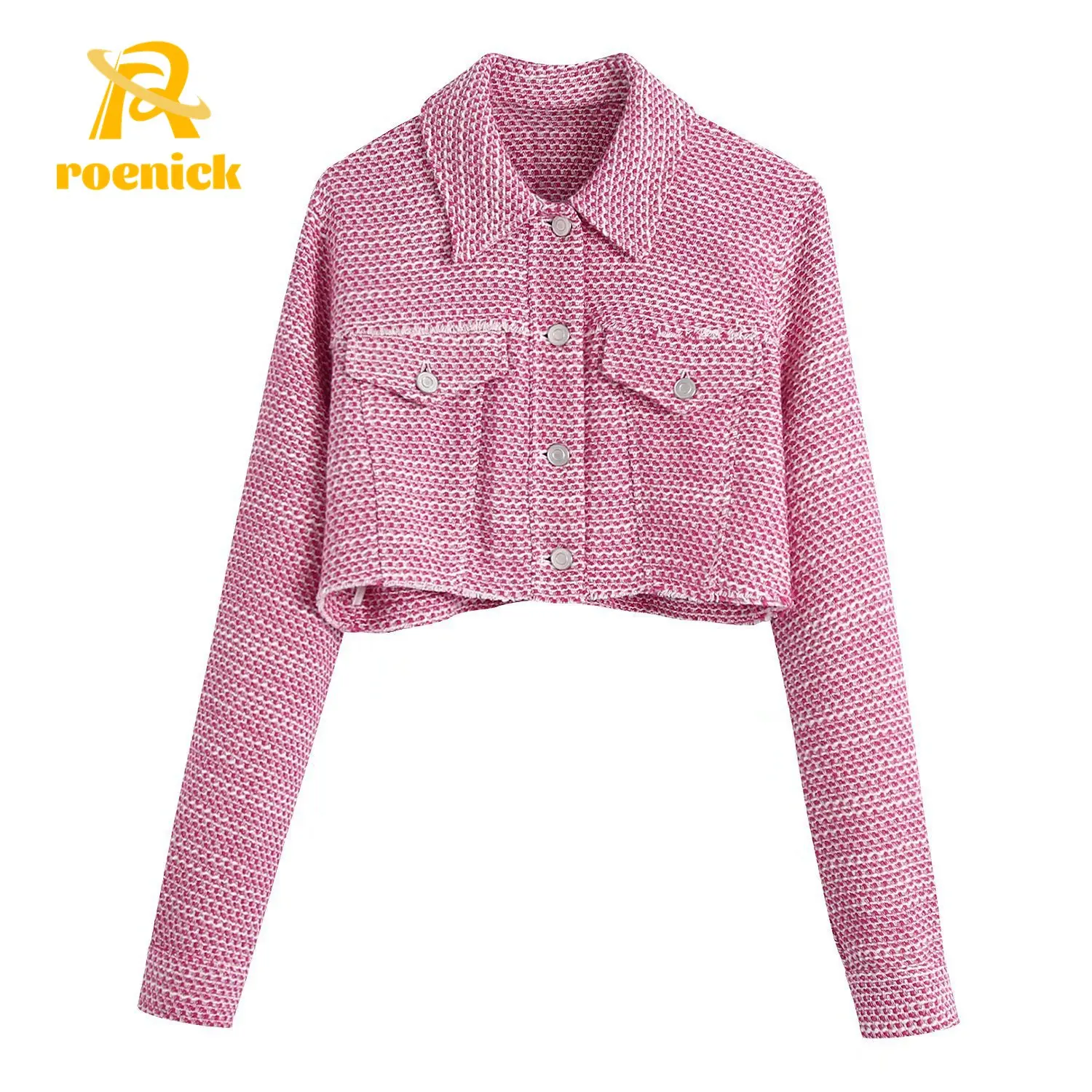 

Женская твидовая укороченная куртка ROENICK с потертостями, модная винтажная верхняя одежда с длинным рукавом, шикарные розовые топы с кармана...