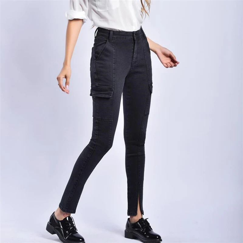 Женские джинсы размера плюс повседневные черные укороченные брюки с высокой