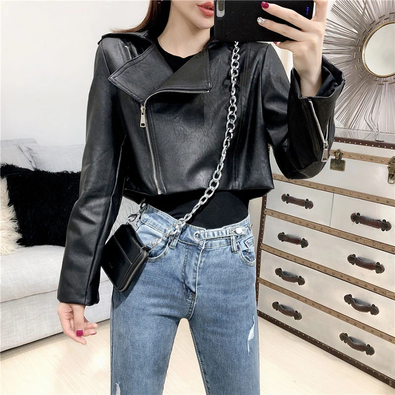Женская Байкерская короткая куртка из искусственной кожи черная Базовая на