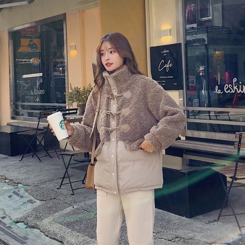 

New 2020 Solid Thick Faux Lamb Fur Jacket Women Mid-Length Horn Button Stand-Up Collar Wide-Waisted Fashion Winter Jacket Women