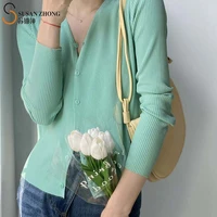 women cardigan sweater knitted pullovers button 2021 spring summer tops v neck clothing long sleeve thin elegant korean fashion