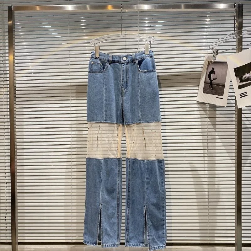 

Mesh Hollow Splicing Diamond Jeans Women 2021 Summer New Small Fragrance Split Wide Leg Jeans