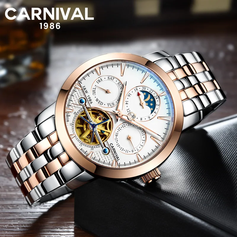 

CARNIVAL Men's Luxury Hollow Tourbillon Luminous Hands Calendar Week Moon Phase Display Waterproof Automatic Mechanical Watch