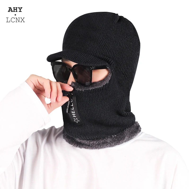 

Winter Men's Knitted Hat Scarf In One Warm Ear Protection Windproof Cap Male Face Mask Balaclava Hat With Brim Zipper For Men