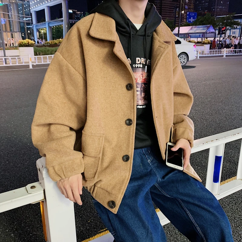 

Men's casual woolen coat lapel loose single-breasted short plaid woolen coat Winter short woolen jacket for men