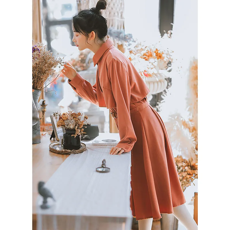 

Women Autumn Winter Waist Hugging Long-Sleeved Elegant Design French Retro Temperament Belt Shirt All-Match Dress