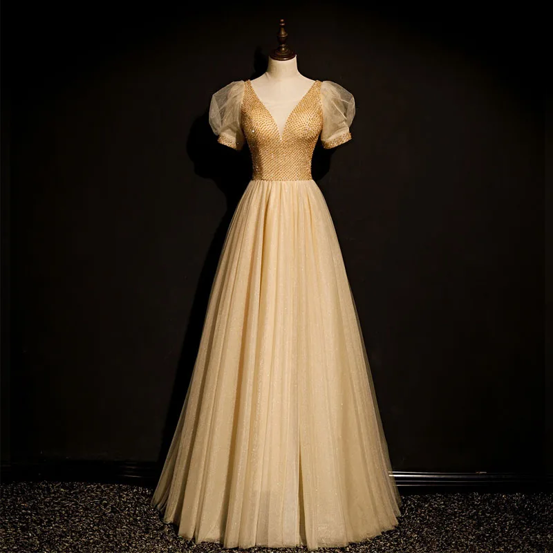 Вечернее платье с коротким рукавом, золотыми бусинами и V-образным вырезом, со шнуровкой, в пол, плиссированные трапециевидные Роскошные вечерние платья из тюля для женщин B1249