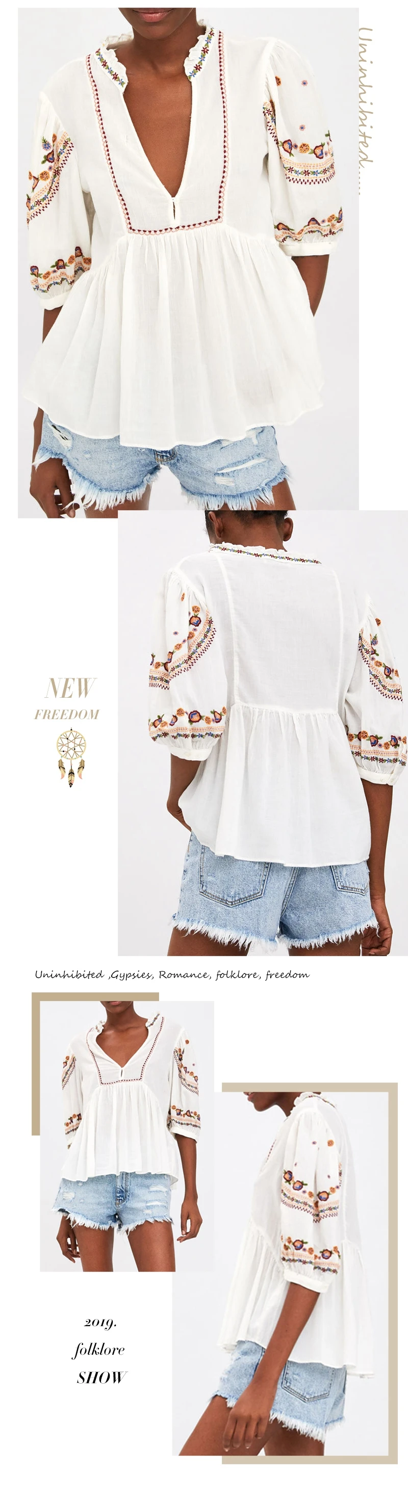 Everkaki Boho вышитые Хлопковые женские рубашки, футболки, топы, однотонные белые женские блузки с коротким рукавом, рубашки, женские топы Осень новинка