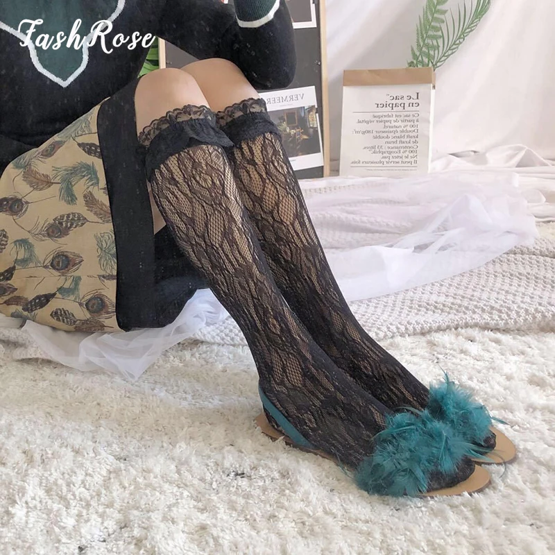 

FASHROSE Coquette Aesthetic Thigh High Socks Floral Lace E-girl 90s Vintage Ruffles Trim See Through Knee Women Long Stockings
