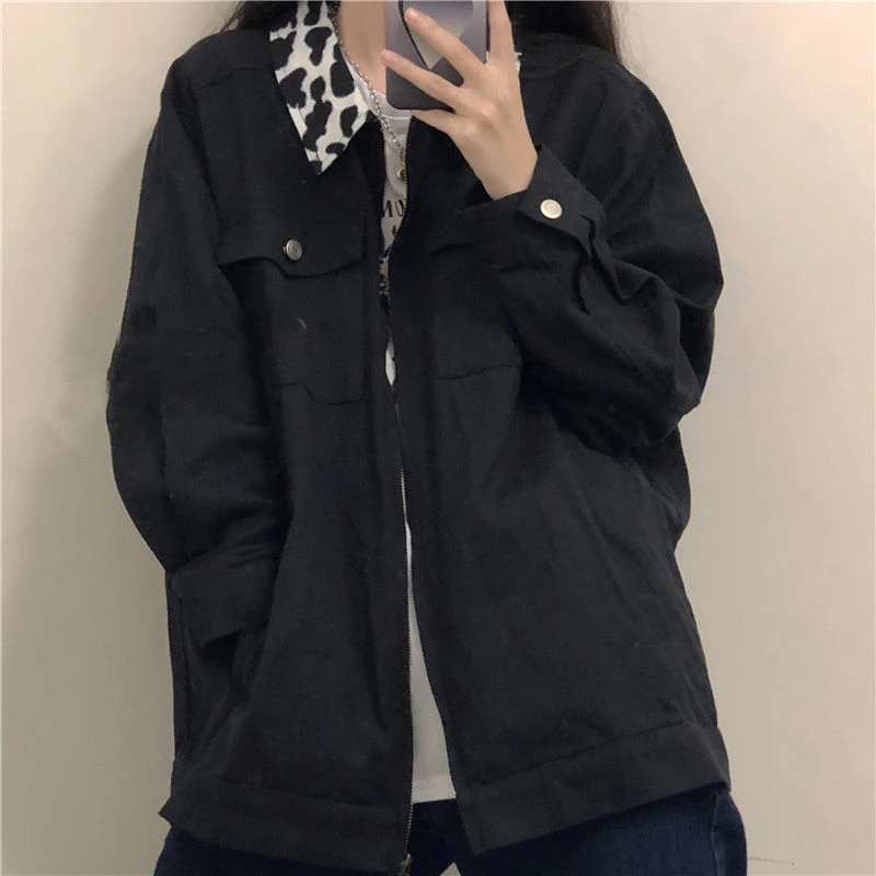 

Women Street Fashion Zip Up Jacket Vintage Boyfriend Style Long Sleeve Black Casual Outwear 2021 Autumn Printed Collar Denim Top