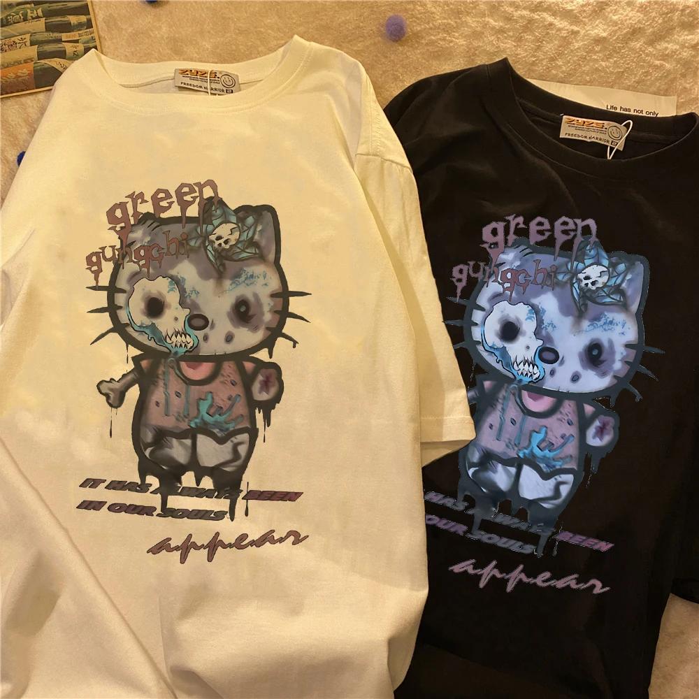 Женская футболка с принтом Kawaii Cat черные топы в стиле Харадзюку Повседневная