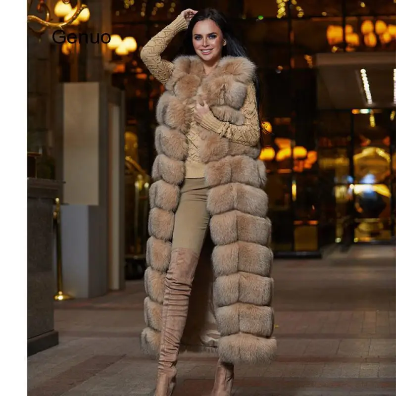 10-section Luxury Faux Fox Fur Winter Vest Jacket Sleeveless Thick Warm Horizontal Striped Long Style Fluffy Fake Overcoat | Женская