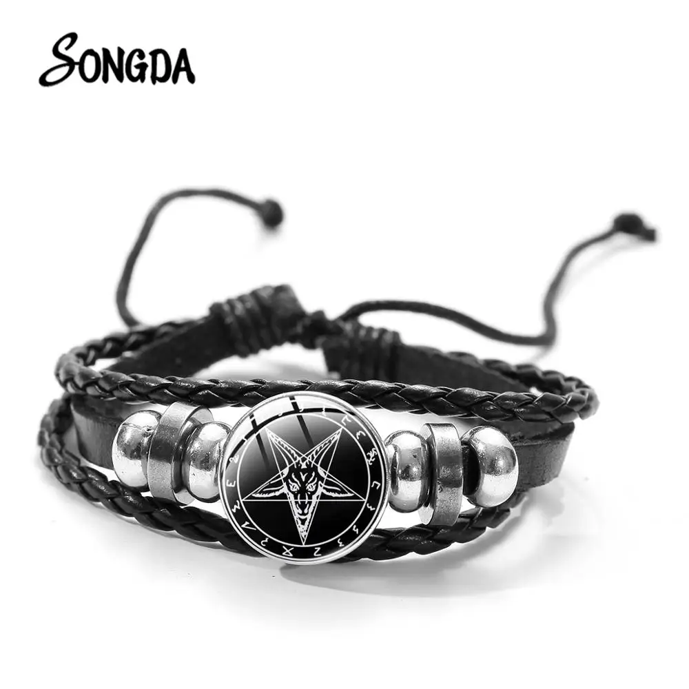 Браслет из кожи сатанизм Бафомет голова козы дьявол оккульт с изображением