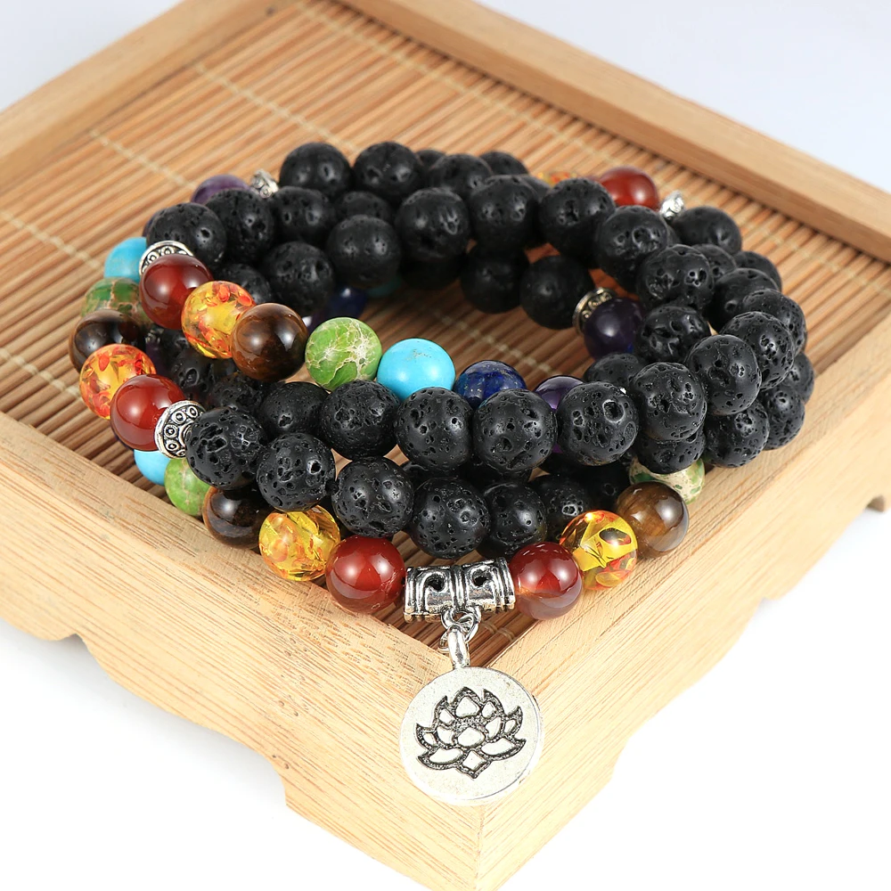 

8mm 108pcs Mala Beads 7 Chakra Lotus OM Tree Of Life Charm Pendant Necklace Men Women Tibetan Amulet Rosary for Men