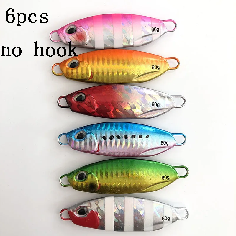 6pcs no hook2 6 шт./лот, 10, 15 г, 20 г, 30 г, 40 г, 60 г, ложка, металлический джиг, тройной крючок, искусственная приманка, свинцовая, морская, для ловли на окуня, для рыбалки на суше, приманка для джигинга - Цвет: 6pcs no hook2