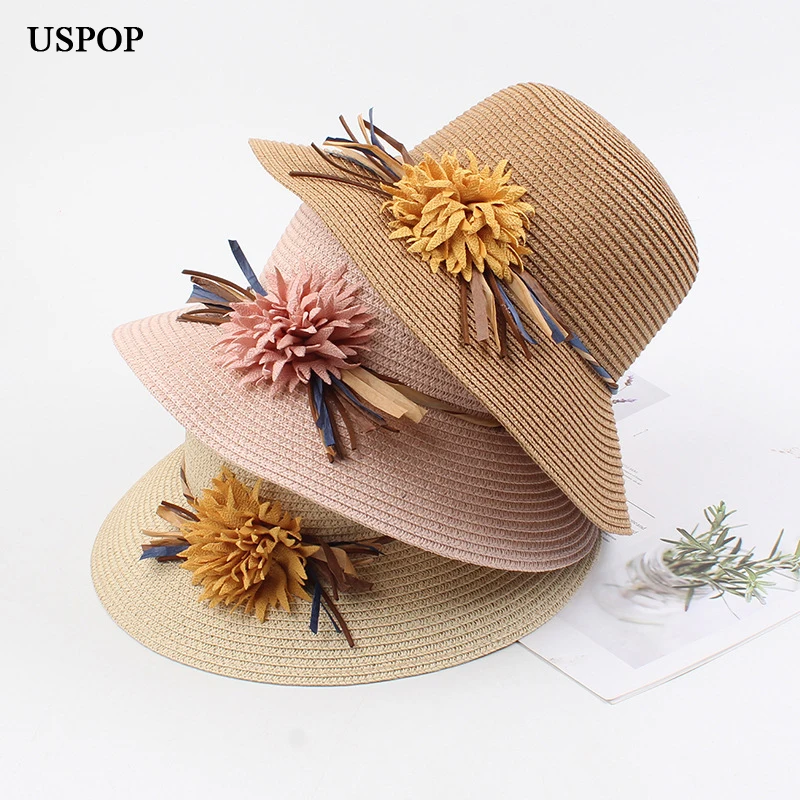 Шляпка от солнца USPOP с широкими полями женская Соломенная Панама цветами лето 2020 |