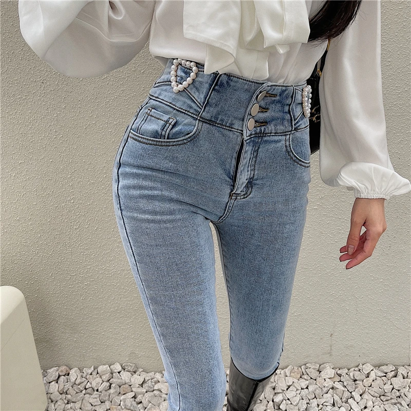 

HziriP Skinny Women Jeans Thin High Waist Zipper Fly Denim Pencil Pants Korean 2022 New Winter Fashion All-Match Female Gentle