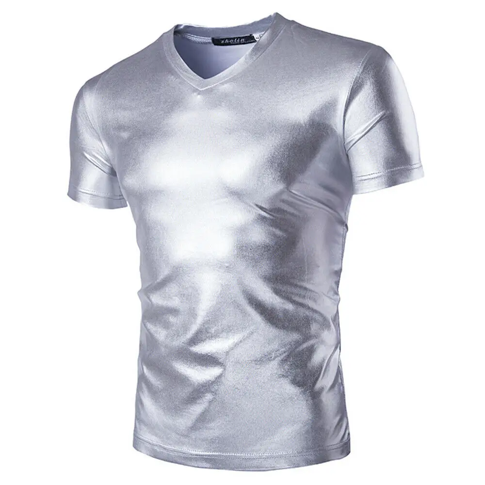 Футболка мужская блестящая кожаная топ для танцев рубашка с коротким рукавом