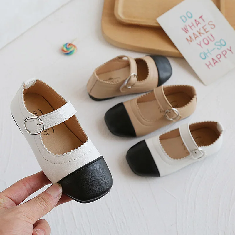 Girls Shoes Patchwork Leather Kids Square Toe Princess Baby Wave Mary Janes White Black Toddlers Spring Autumn |