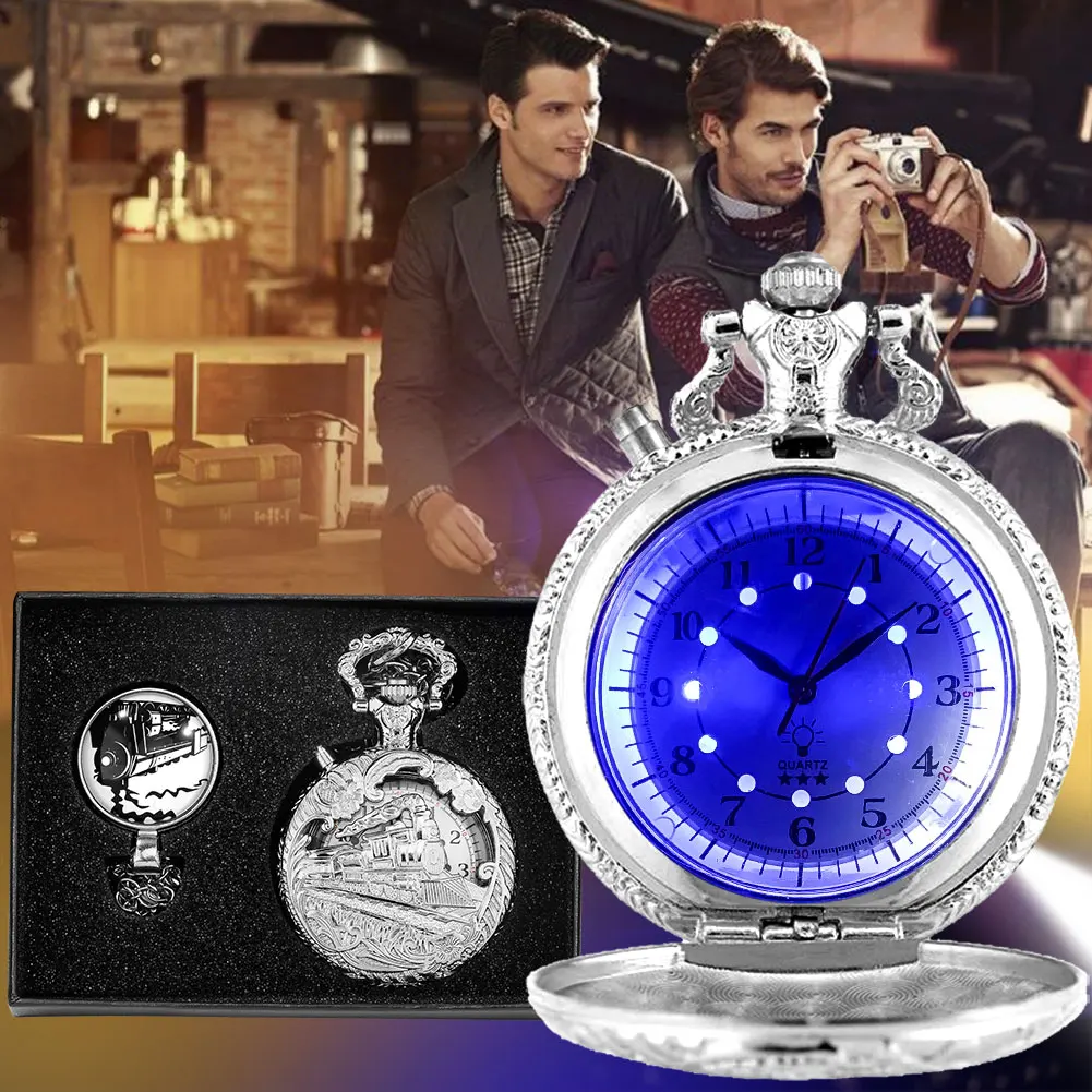 LED Luminous Pocket Watches Silver Steampunk Train Analog Retro Big Quartz Pocket Watch Top Luxury Watch Gifts Set for Men Women