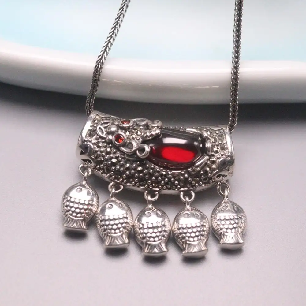 

Real 925 Silver Necklace for Women Red Garnet Pattern Pixiu Small Fish Lucky Pendant Wheat Chain Necklace Jewelry 20inch New