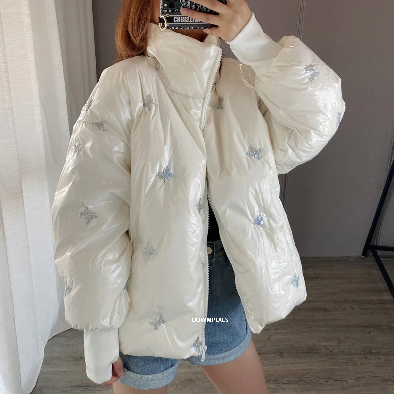 2021 яркий белый/черный пуховик женский зимний новый модный блестящая Лазерная с