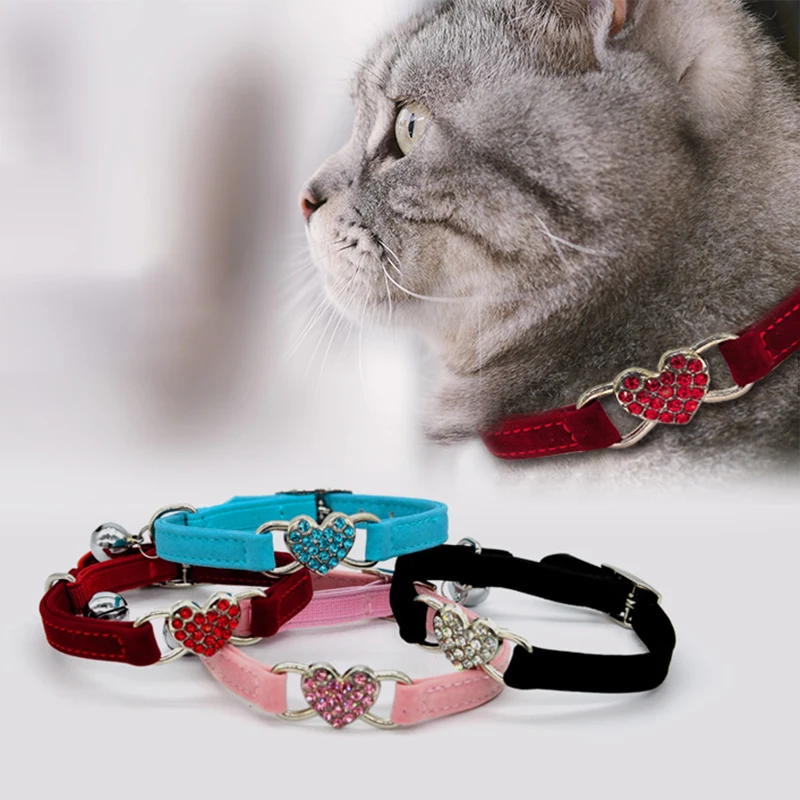 

Rhinestones Heart Cat Collar Puppies Dog Safety Elastic Adjustable Charm and Bell Soft Velvet Material 4 colors S Free shipping