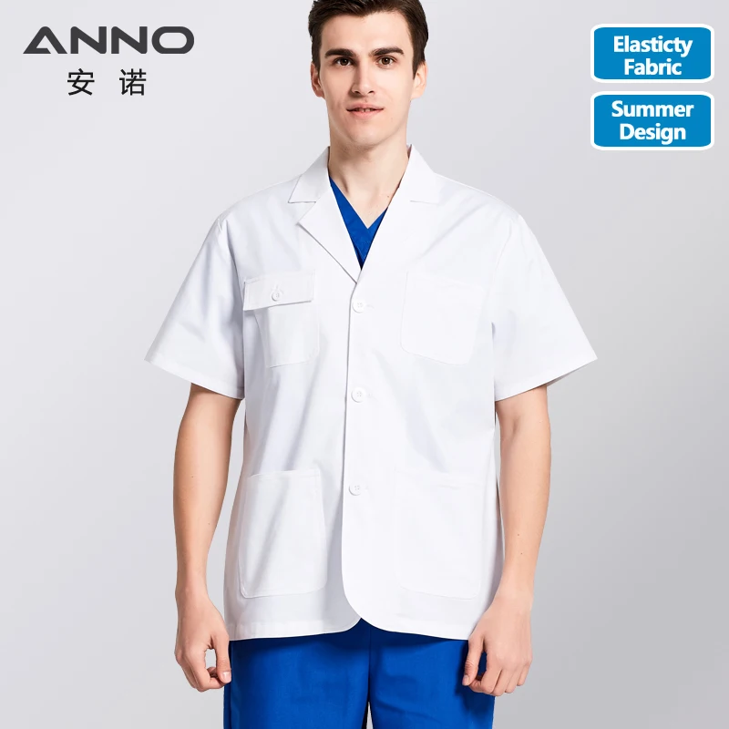 

ANNO Short Sleeve Lab Uniforms Summer Hospital Elastic Fabric Pharmacy White Coat Chemistry Unisex Elastic Doctor Uniform Gown