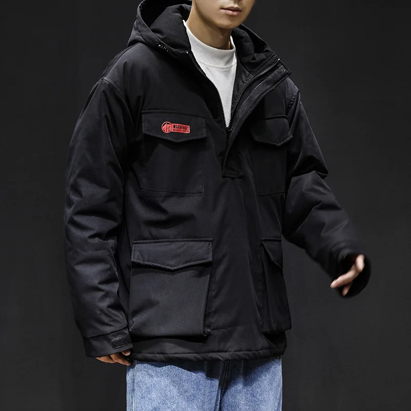 Liketkit мужские куртки с капюшоном зима 2019 одноцветные карманами черные толстые