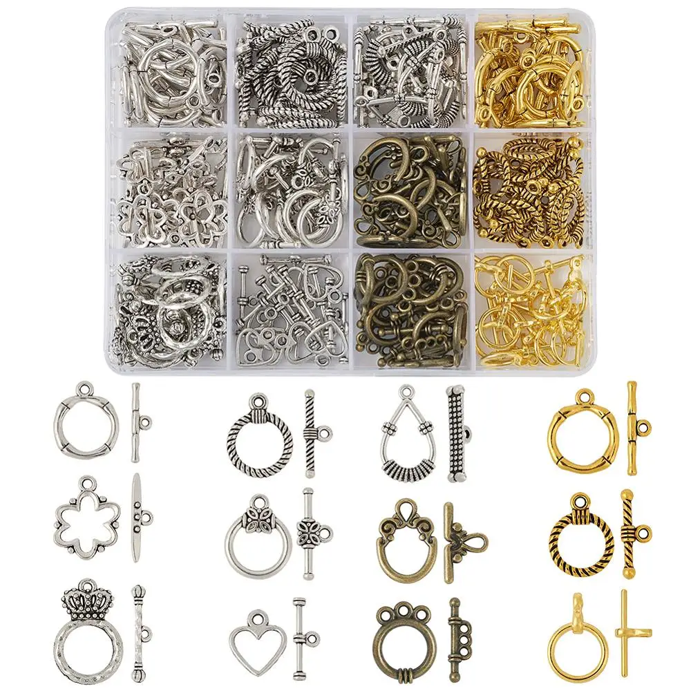 

120sets/box Tibetan Style Alloy Toggle Clasps for Jewelry Making Mixed Shapes, Mixed Color