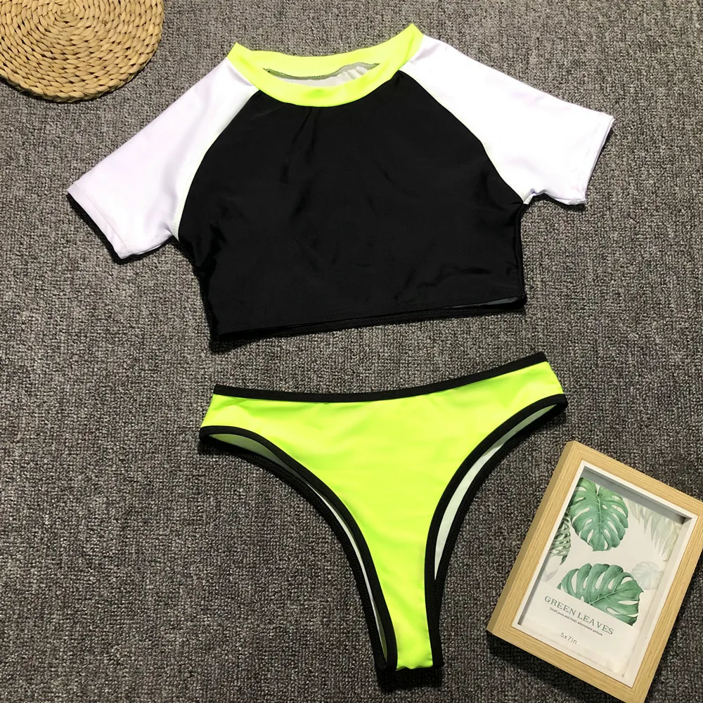 

Sexy bikini 2020 splice Hit color Athletic Short sleeve Thong Chest pad swimwear women swimsuit bikinis set biquini swimm suit
