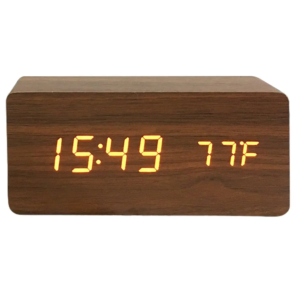 

Led Wooden Alarm Clock Voice Control Mute Temperature Digital Alarm Clock For Bedrooms USB/AAA Powered Electronic Desktop Clocks