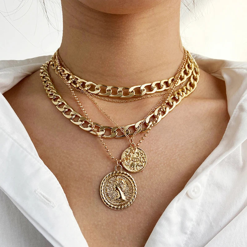 

Punk Gold Portrait Coin Pendant Necklace For Women Vintage Cuban Multilayered Chunky Thick Chain Choker Necklace Gothic Jewelry