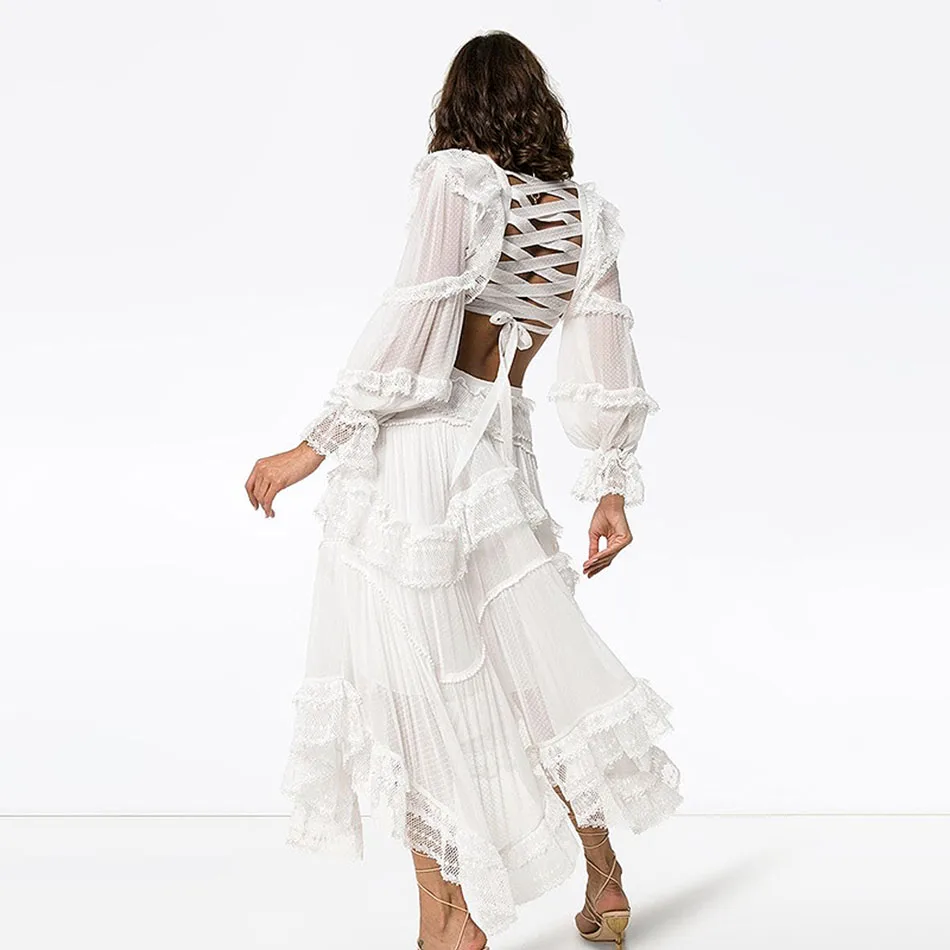 

High-Quality Summer New Women'S White Sexy Long-Sleeved V-Neck Lace Halter Hollow Ruffled Long Dress Bodycon Club Dress Vestidos