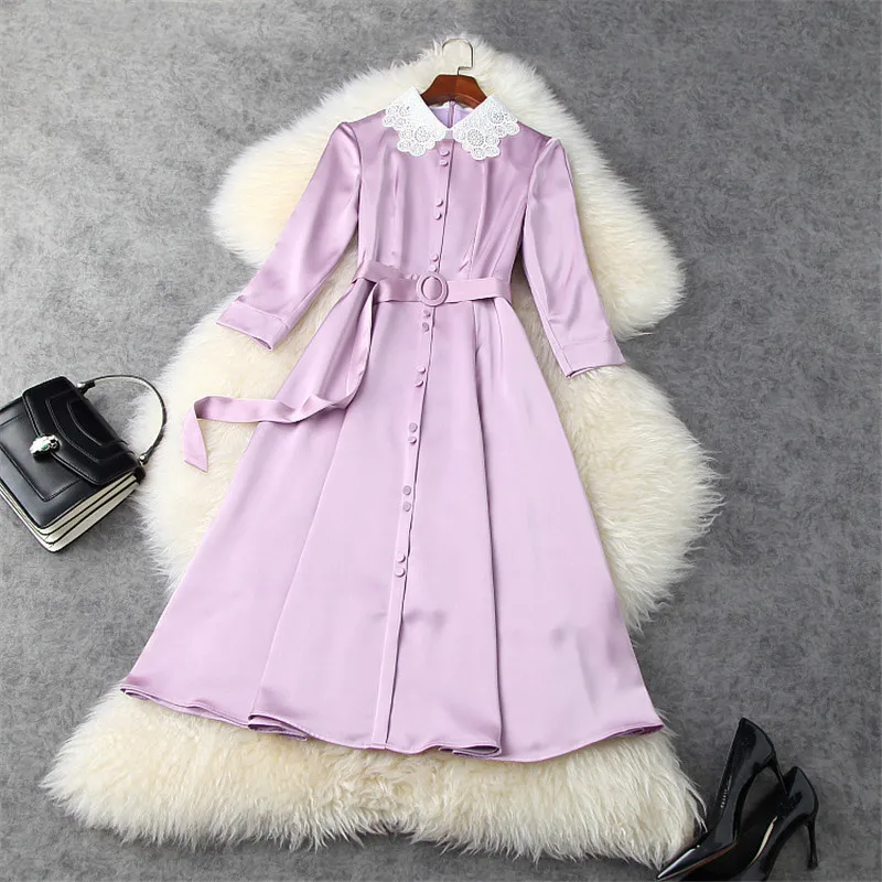

Elegant Women Hollow Lace Collar Solid Blue Shirt Dresses Party Office Robe Femme Spring Designers Aline Casual Vestidos